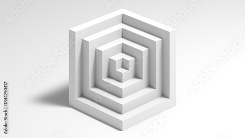 A stark white cube maze forms concentric rings inside a hexagonal frame, 3d