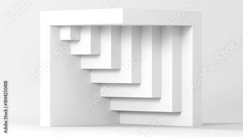 A clean, minimalist composition featuring a white cube frame and layered staircase, 3d