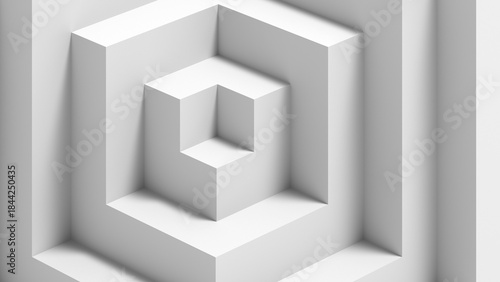 Pristine white composition featuring nested cubic shapes and deep shadows, 3d render