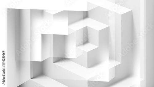 A striking white abstract composition featuring layered cubes and sharp shadows. 3 d