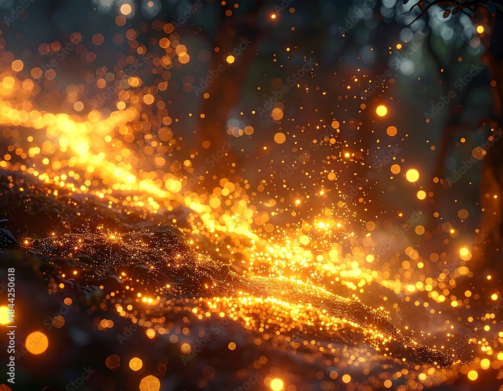 Fototapeta premium Glowing particles cascade over forest floor, soft focus, ethereal light