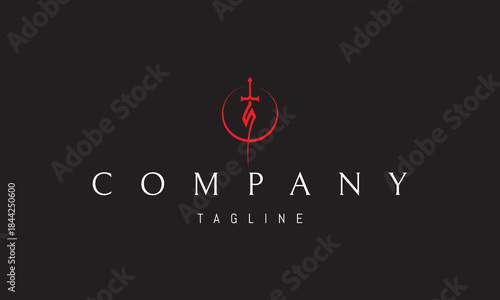 A vector red logo featuring an abstract image a sword shaped like the letter S placed against a moon silhouette in a minimal heroic style.