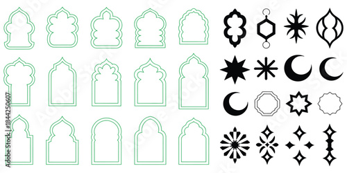 islamic modern minimalist aesthetic linear set elements with arch frames stars and crescent, geometric boho line art vector illustration for social media posts branding templates stories highlights