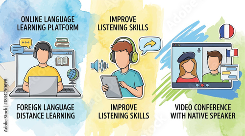 Online language learning concept in illustration