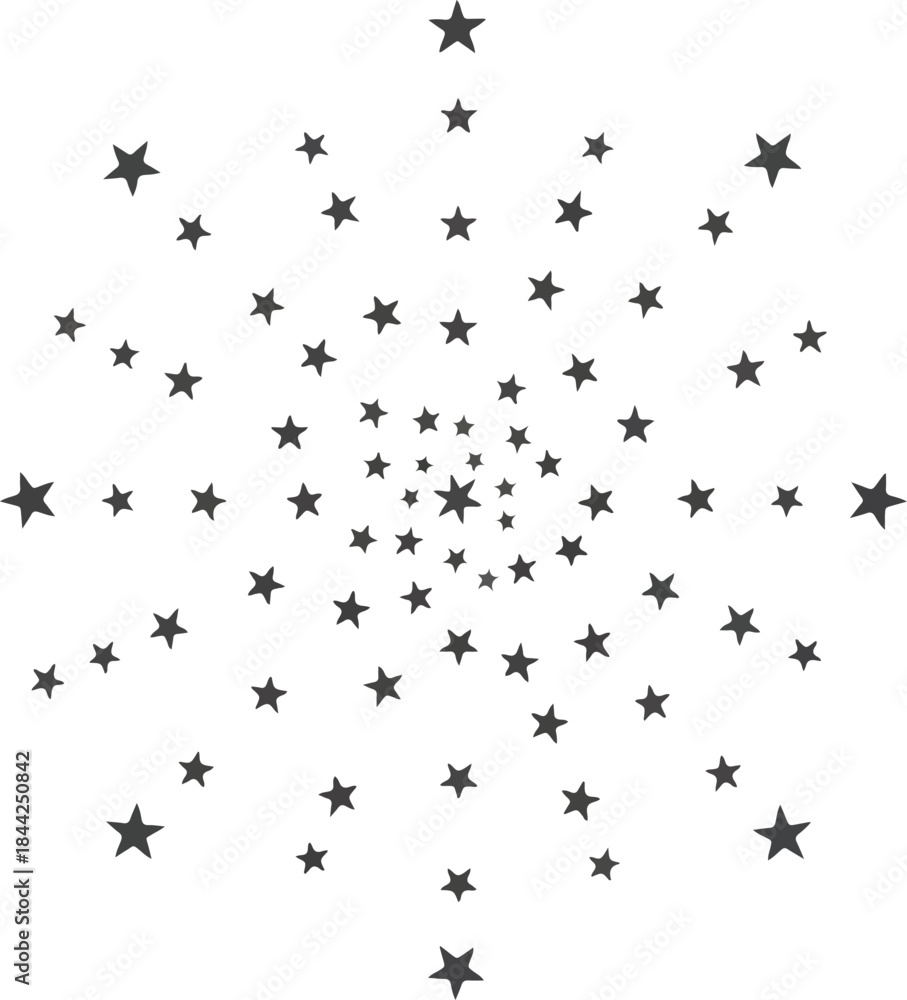 Obraz premium Spiral arrangement of dark gray fivepointed stars on a white background