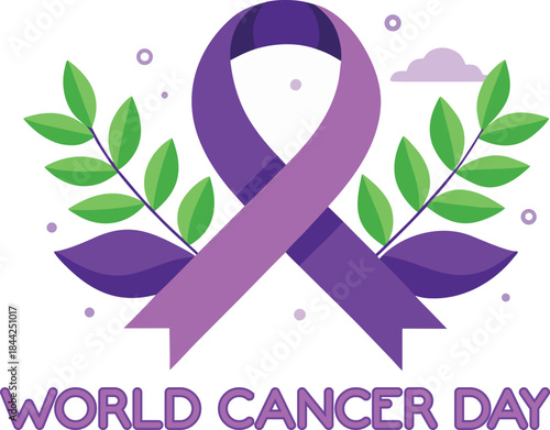 A purple ribbon adorned with green leaves and delicate clouds represents world cancer day symbolizing hope and awareness