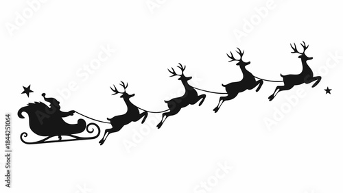 Silhouette of santa claus in a sleigh pulled by reindeer under stars