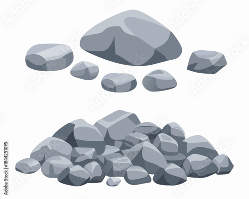 A collection of gray stones and a pile of rocky debris isolated on white