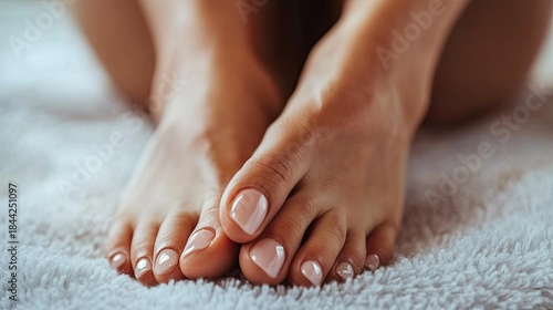 Peaceful close-up of well-groomed feet with soft pedicure resting on plush white rug creating a serene and relaxing atmosphere in cozy interior space