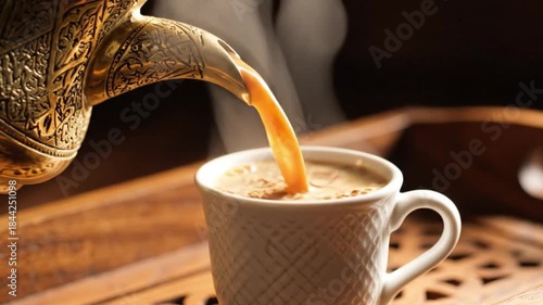 Pouring a Milk Coffee from a pot into a cup