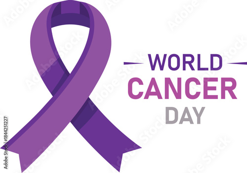 A vibrant purple ribbon prominently displays the words world cancer day symbolizing hope awareness and support for cancer research and patients