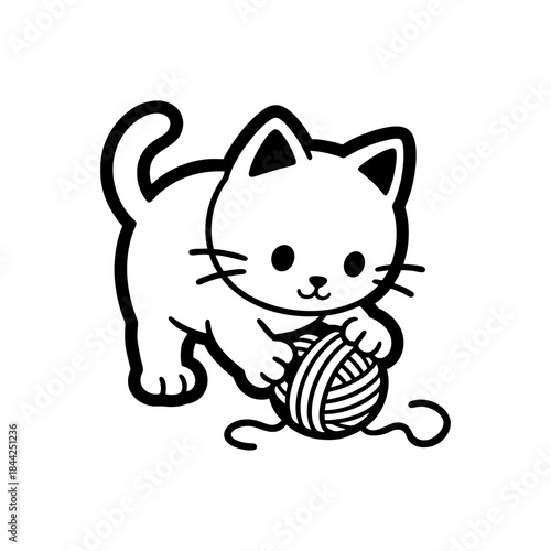 Charming black and white illustration of a cute kitten playing with a ball of yarn, depicting playful feline innocence and a minimalist, happy design