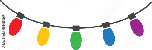 String of five colorful holiday lights hanging from a dark wire