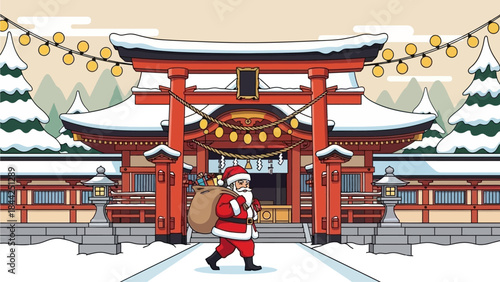 Santa Claus walks in the snow towards a Japanese shrine, celebrating the natal season with festive lights and winter scenery