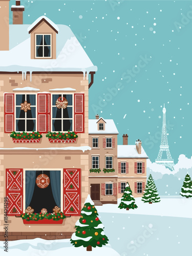 Enchanting natal winter wonderland scene on a charming Parisian street, featuring snow-covered buildings with festive decorations and a distant view of the iconic Eiffel Tower