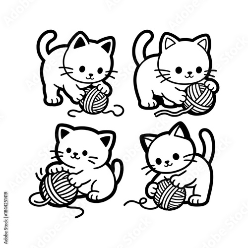 Adorable collection of playful cartoon kittens in various engaging poses, happily interacting with balls of yarn, embodying pure innocence and feline charm