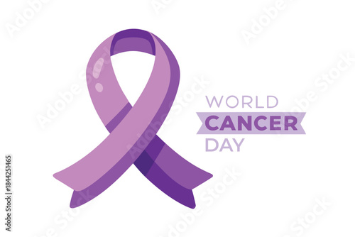A vibrant purple ribbon prominently displays world cancer day symbolizing hope awareness and support for those impacted by cancer globally