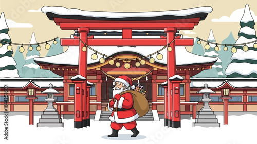 A festive natal journey as Santa Claus delivers cheer and presents to a traditional Japanese shrine adorned with winter snow and glowing holiday lights, blending cultures for a joyful season