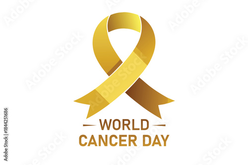 A golden ribbon prominently displayed with the text world cancer day below symbolizing awareness and support for cancer research