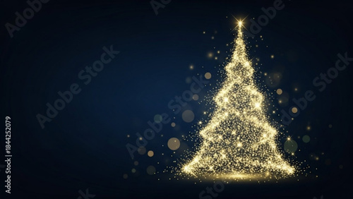 Sparkling golden Christmas tree made of light particles festive holiday background with bokeh perfect for New Year celebrations