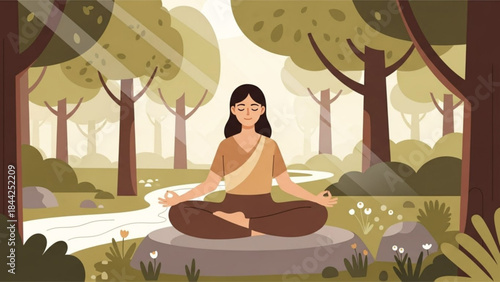 Woman meditating in lotus pose in a serene forest practicing yoga for inner peace and mindfulness surrounded by nature