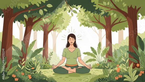 Woman meditating in a lush forest practicing yoga and mindfulness for inner peace surrounded by nature and sunlight