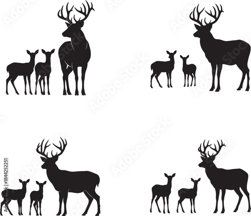 Deer silhouettes with antlers and fawns silhouettes in various poses