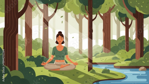 Woman meditating in a serene forest by a calm river practicing yoga for wellness and mindfulness bathed in soft sunlight