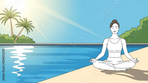 Woman meditating in lotus pose on a tropical beach serene yoga practice by the ocean healthy lifestyle and wellness concept sunny day