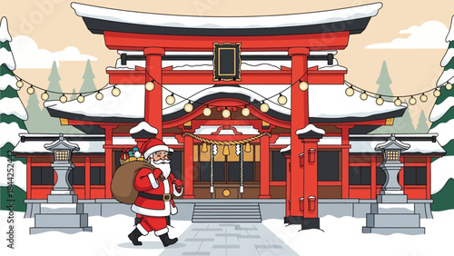 Santa Claus walking towards a traditional Japanese shrine with festive winter decorations and natal lights