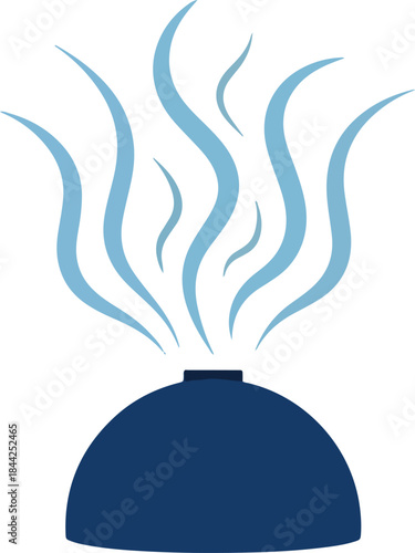 Stylized dark blue diffuser emitting light blue wavy mist against a white background