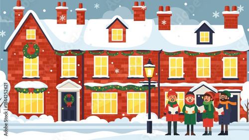 Joyful carolers sing festive holiday songs outside warmly lit brick houses decorated with Christmas garlands and wreaths on a charming snowy winter evening