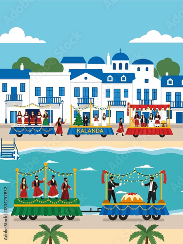 Vibrant Greek Kalanda parade in an island village. Joyful performers on festive floats showcase cultural traditions by classic white buildings and the serene blue sea
