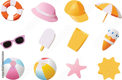 A colorful arrangement of summer accessories and treats on a white background high quality
