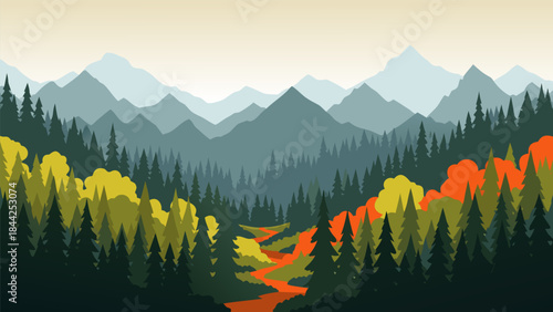 A vibrant, stylized landscape painting of a winding river flowing through a dense forest with colorful autumn trees and layered mountains in the background.