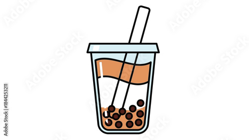 Refreshing boba tea beverage with tapioca pearls and straw in a clear cup