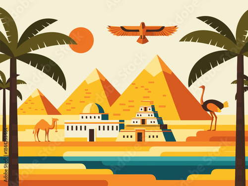 Vibrant illustration of ancient Egyptian pyramids, camels, ostriches, and palm trees under a bright sun.