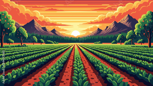 Vast agricultural fields stretching towards a vibrant sunset with majestic mountains in the background.