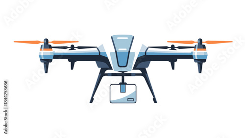 Futuristic delivery drone with a package suspended underneath against a white background