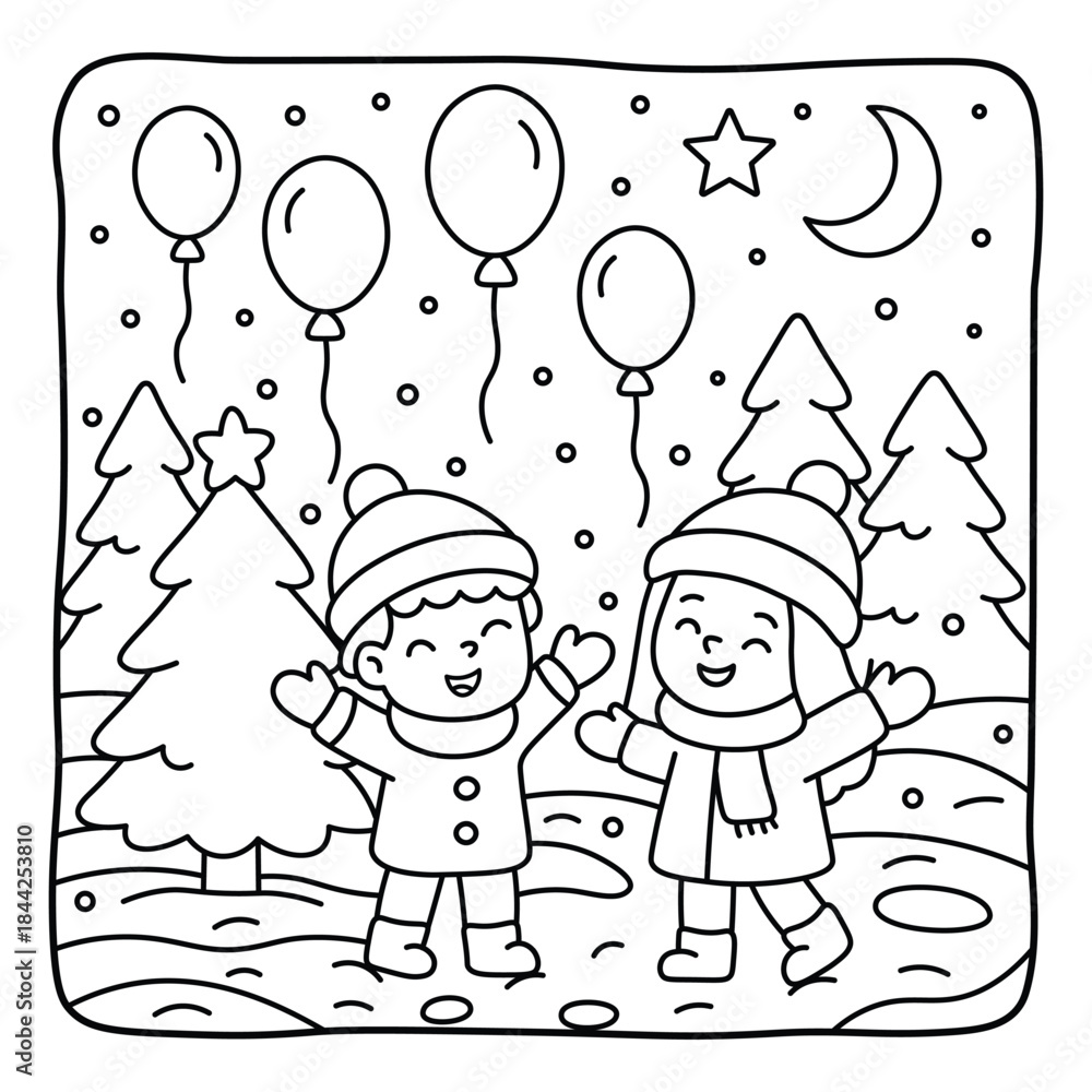 Fototapeta premium Happy children playing in a snowy winter forest, black and white outline illustration for kids coloring page