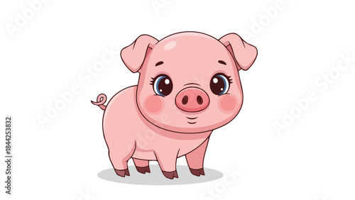 Cute cartoon piglet with curly tail, rosy cheeks, and large expressive eyes, isolated