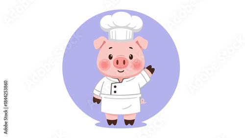 Cute Chef Pig Character Wearing Chef Hat and Uniform, Waving Hand