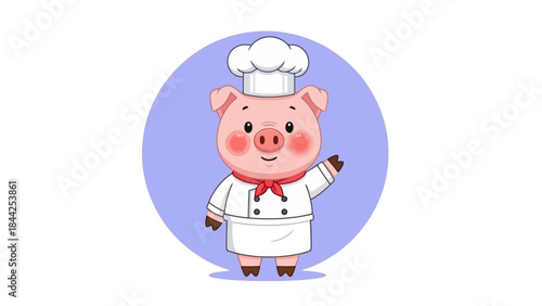 Cute Chef Pig Character Waving Hello with Chef Hat and Red Scarf