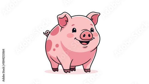 Cute Pink Piglet with Spots Smiling and Waving, Adorable Farm Animal Cartoon Character