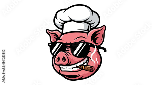 Cool Pig Chef Wearing Sunglasses and Smoking a Cigar, Vector Illustration