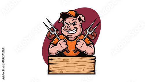 Cartoon Pig Chef with Barbecue Tools and Wooden Sign, BBQ Concept