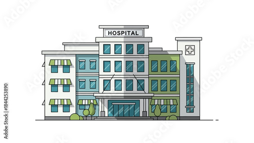 Modern Medical Facility Facade With A Prominent Hospital Signage And Entrance