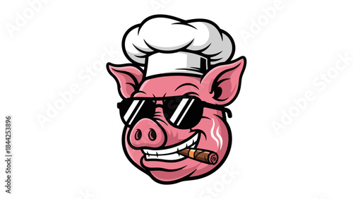 Cool Pig Chef Wearing Sunglasses and Smoking a Cigar, Vector Illustration