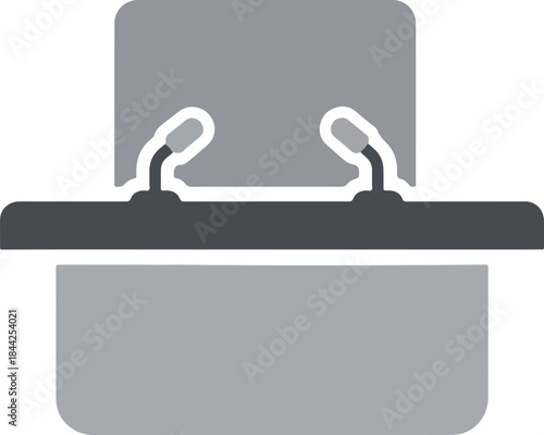 Stylized icon of a podium or lectern with two microphones