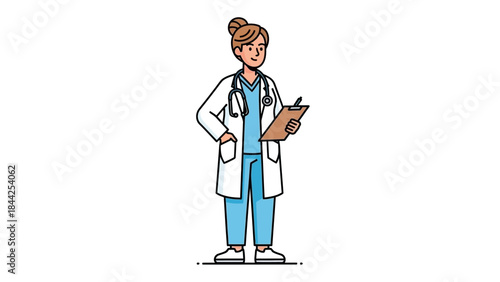 Professional female doctor in a white coat with a stethoscope holding a clipboard and pen